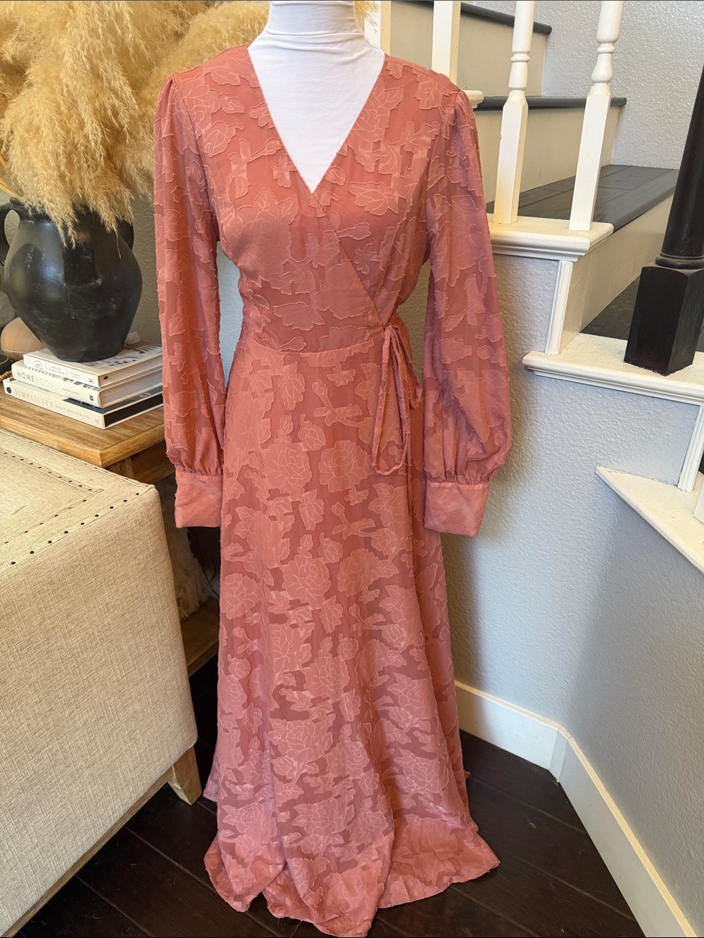 Lulus Kept Your Love Rose Pink Floral Jacquard Long Sleeve Maxi Dress Size XL - Picture 5 of 8